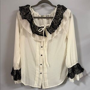 Andrew Charles Black Lace Trim Cream Blouse